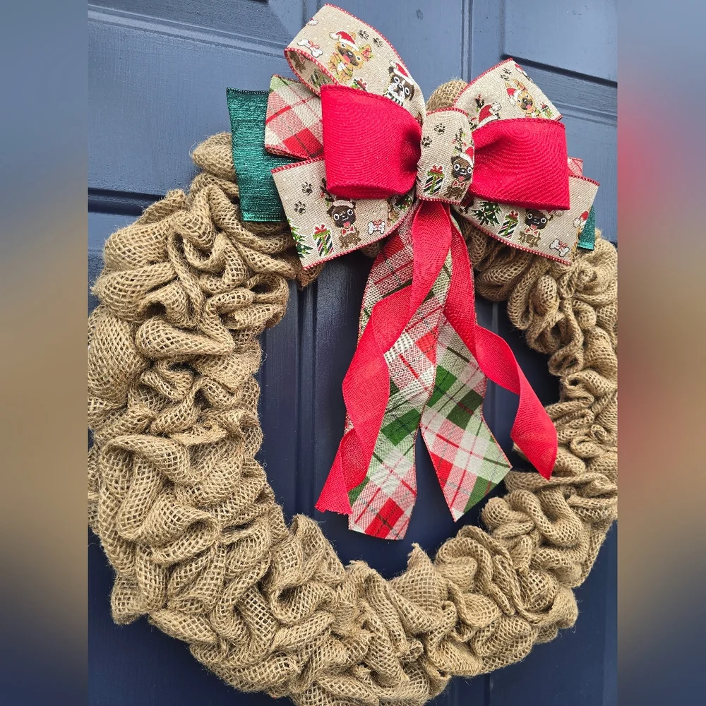 Festive Burlap Wreath with Red and Green Plaid Bow